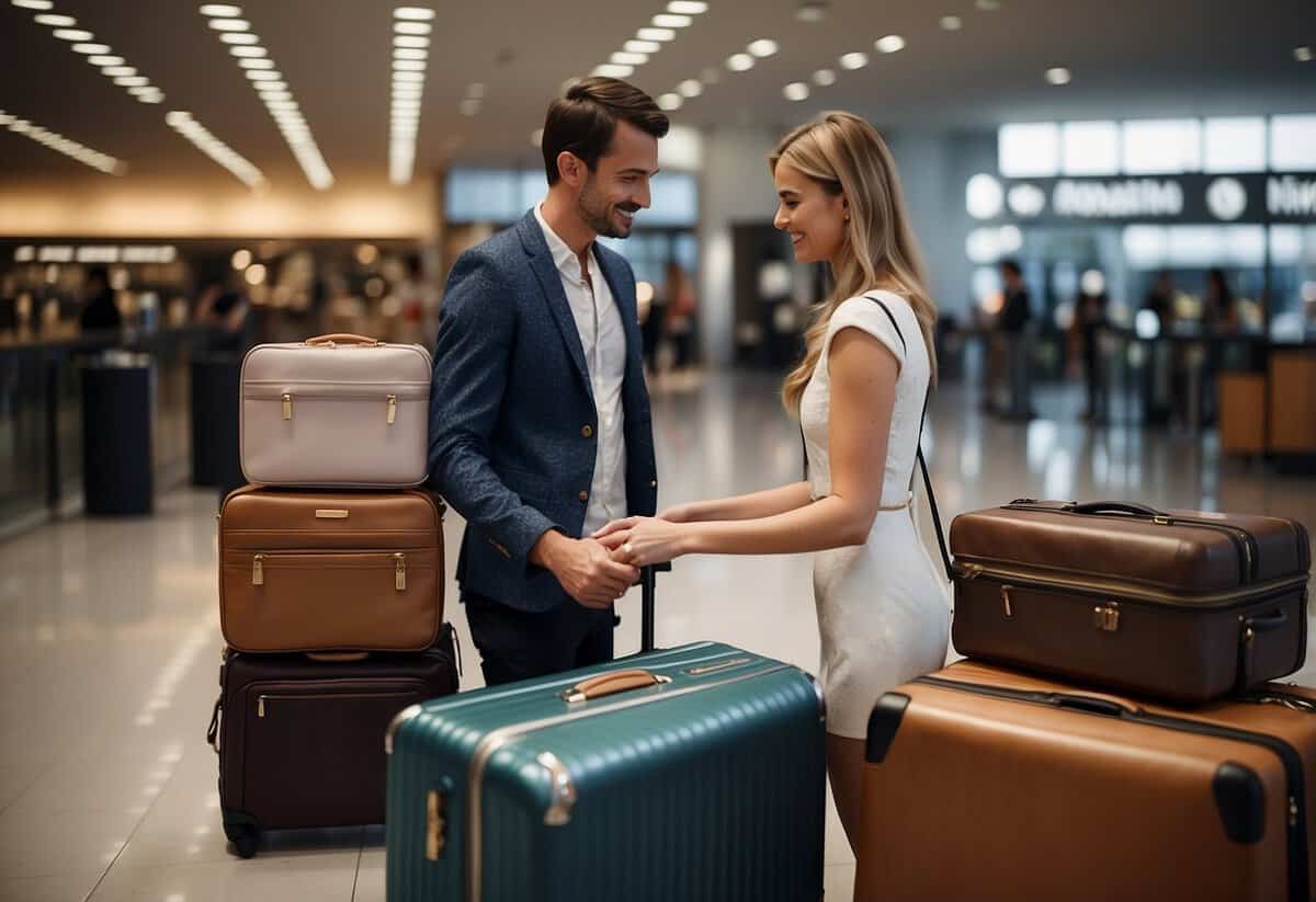 A couple carefully selects matching suitcases, packing essentials for their upcoming wedding trip