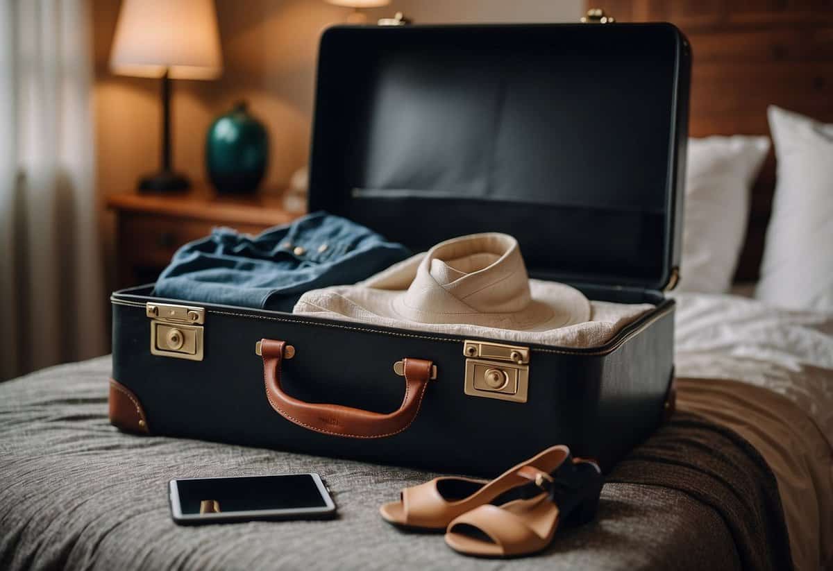 A suitcase open on a bed, neatly packed with wedding attire, shoes, and accessories. A checklist and passport are placed on top