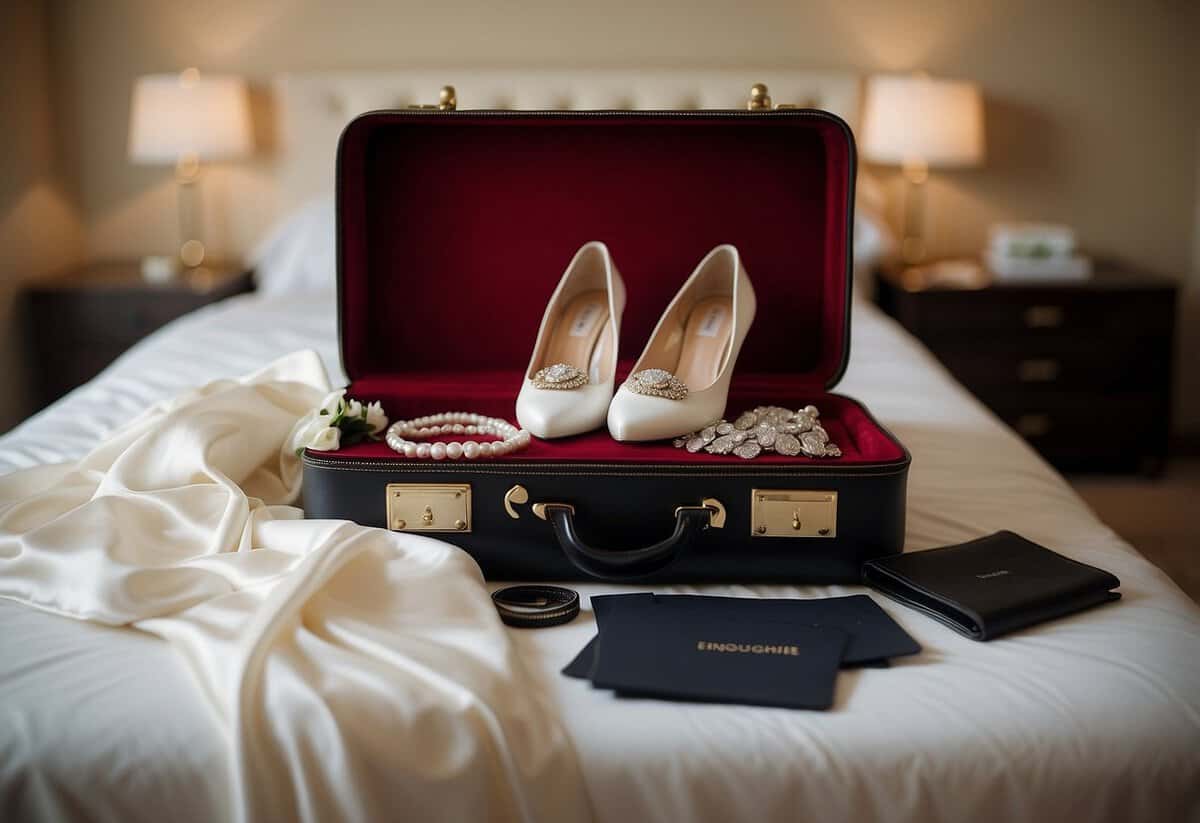 A suitcase open on a bed, filled with a wedding dress, shoes, jewelry, and a tuxedo. Beside it, a neatly folded itinerary and passports