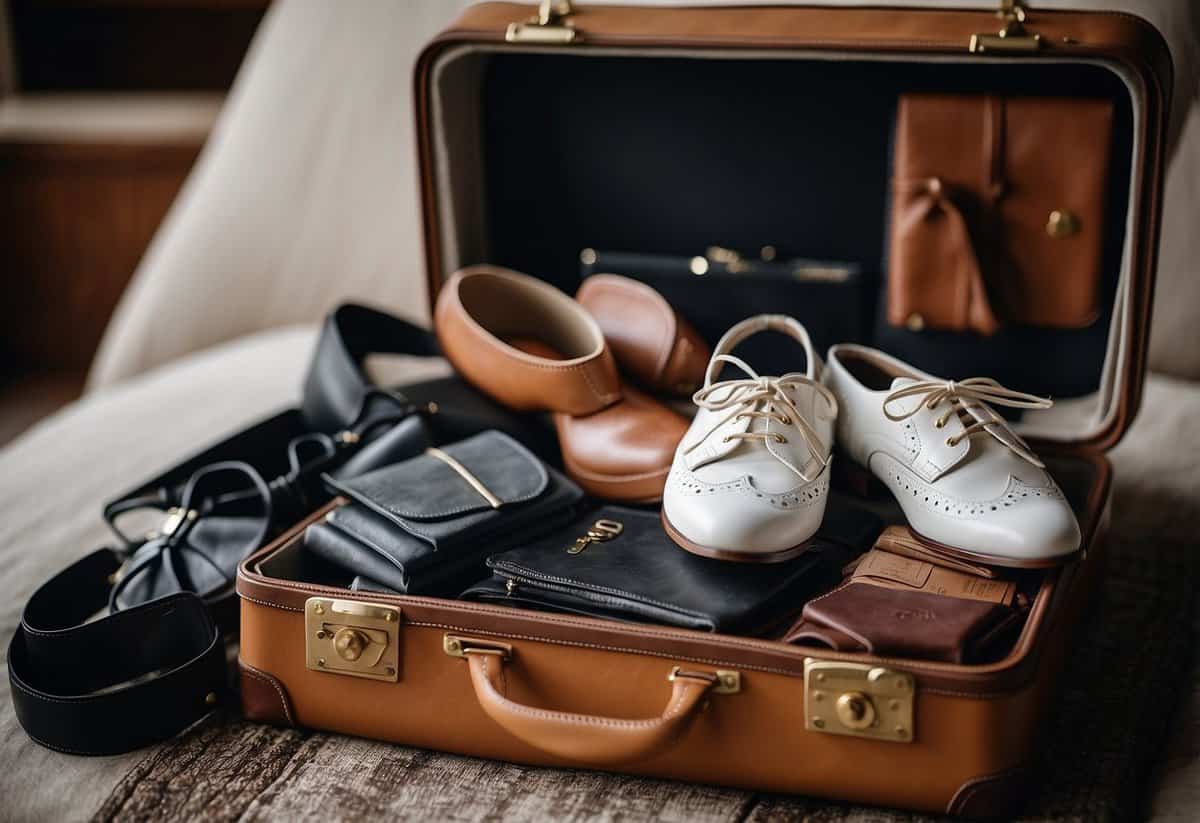 A suitcase filled with neatly folded wedding attire, including a white dress and a tuxedo, surrounded by travel essentials like a passport and a pair of elegant shoes