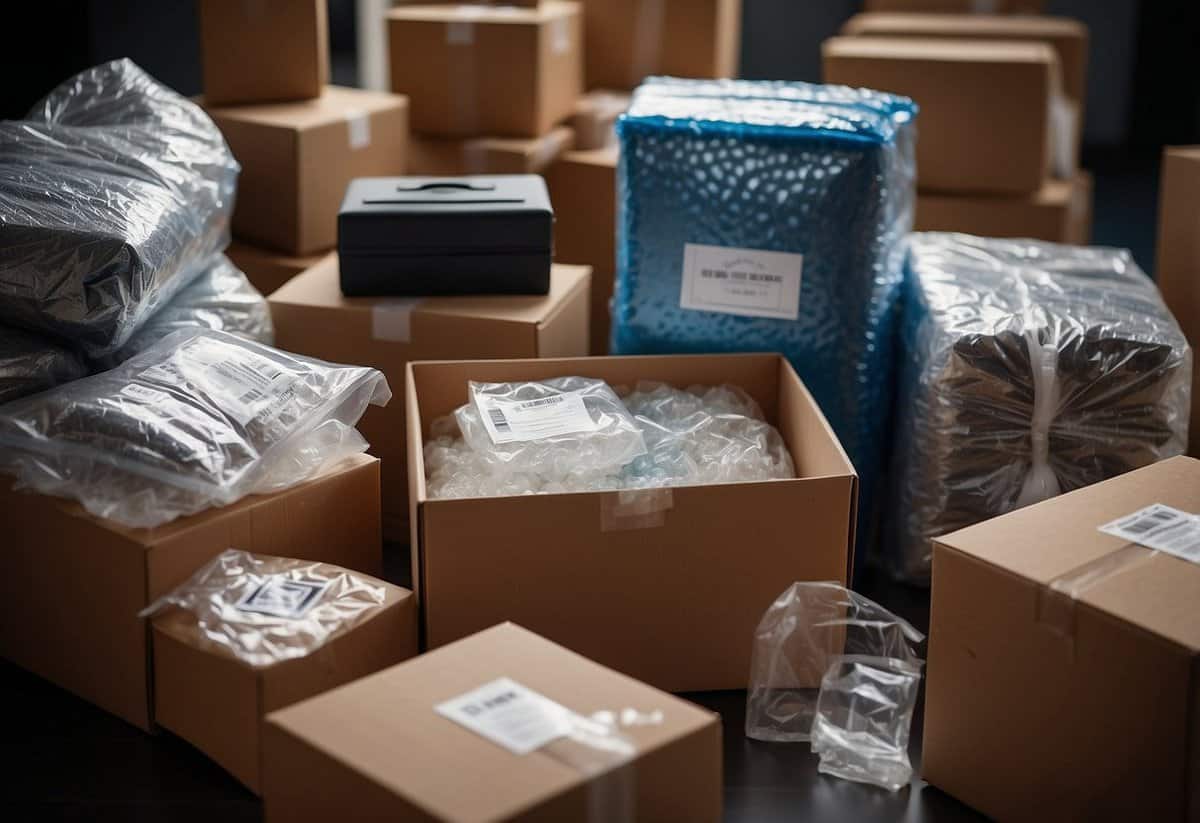 Valuables and keepsakes carefully packed in a sturdy box, surrounded by bubble wrap and cushioning materials. Labels clearly marking fragile items