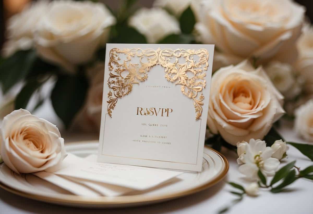 A stack of elegant RSVP wedding cards arranged on a table with a pen and envelope, surrounded by floral decorations