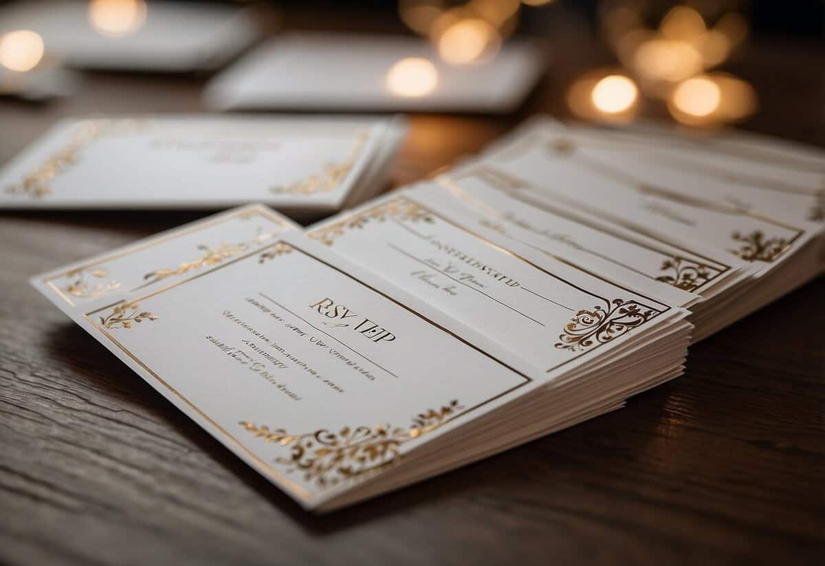 A stack of elegant RSVP wedding cards with personalized touches and tips for guests, arranged neatly on a table