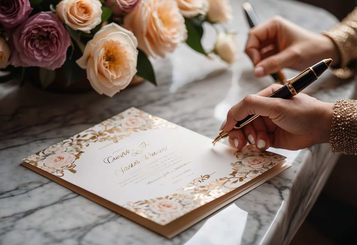A hand reaching for a luxurious, embossed wedding invitation on a marble table, surrounded by elegant calligraphy pens and a bouquet of flowers