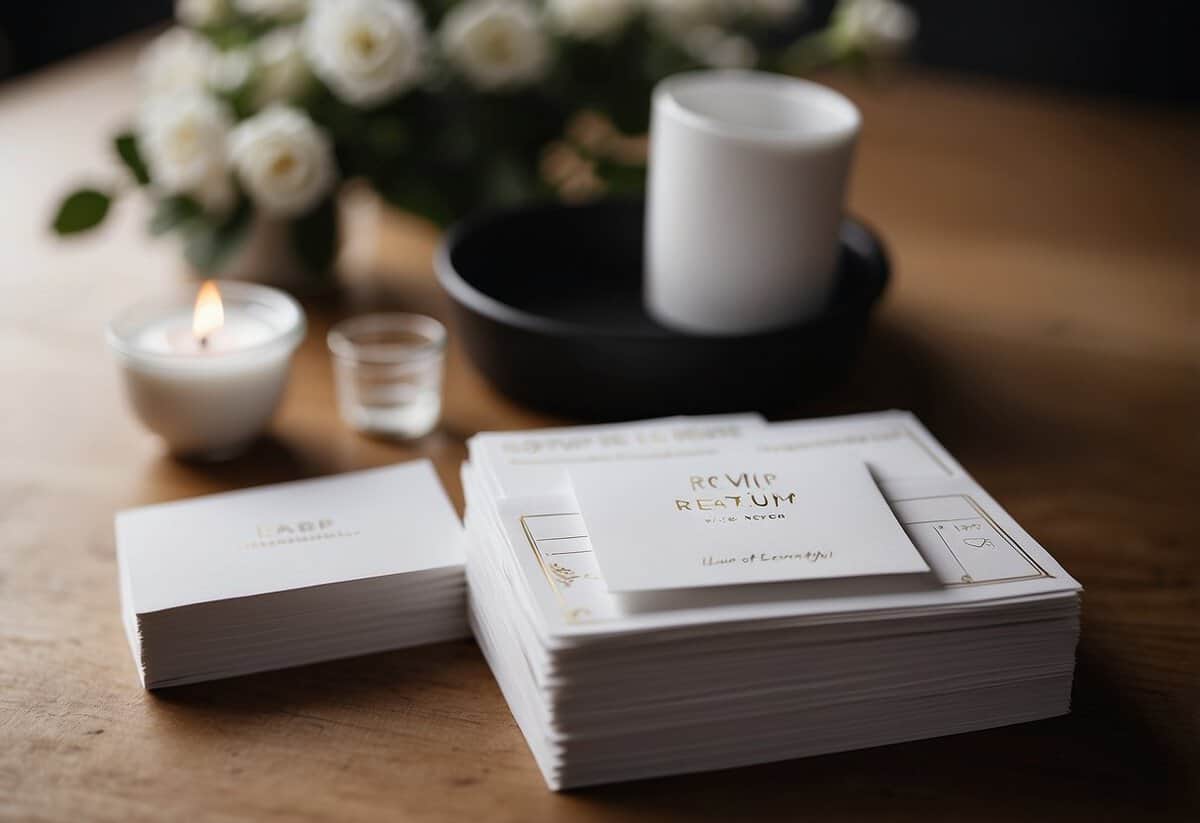 A table with a stack of RSVP wedding cards, a pile of stamped return envelopes, and a small container of tips
