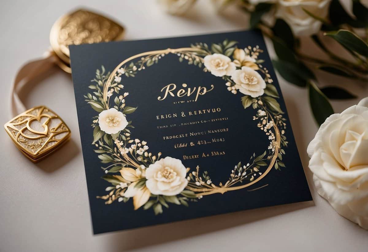 An elegant wedding invitation with "RSVP by [date]" printed in gold script, surrounded by delicate floral designs and a formal RSVP card