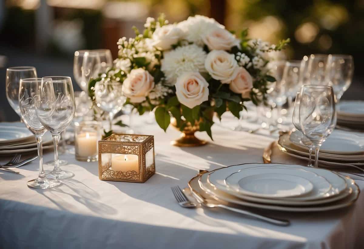 A table set with elegant place settings, featuring meal choices, RSVP cards, and wedding tips