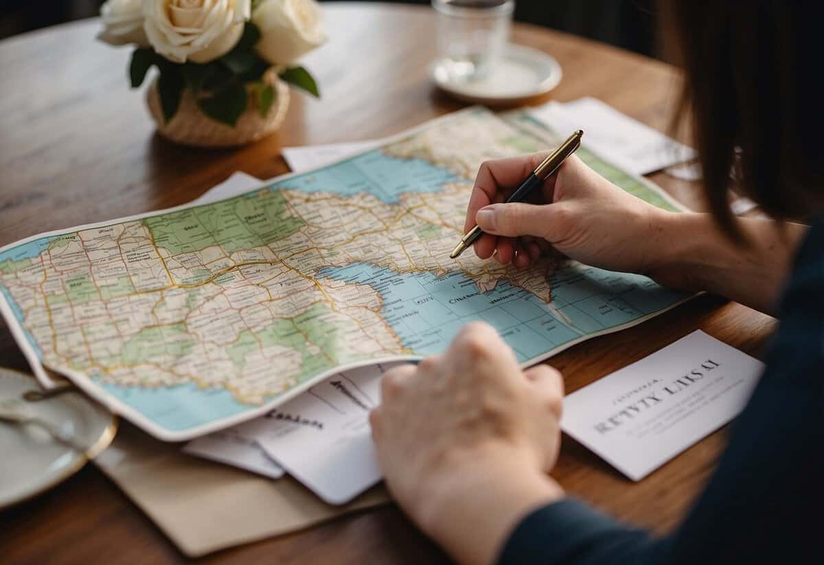 A hand placing a map next to RSVP cards and wedding tips