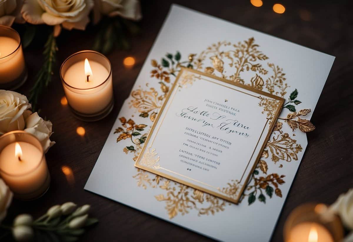 A beautifully decorated wedding invitation with an RSVP card and envelope, placed on a table with elegant floral arrangements and soft candlelight