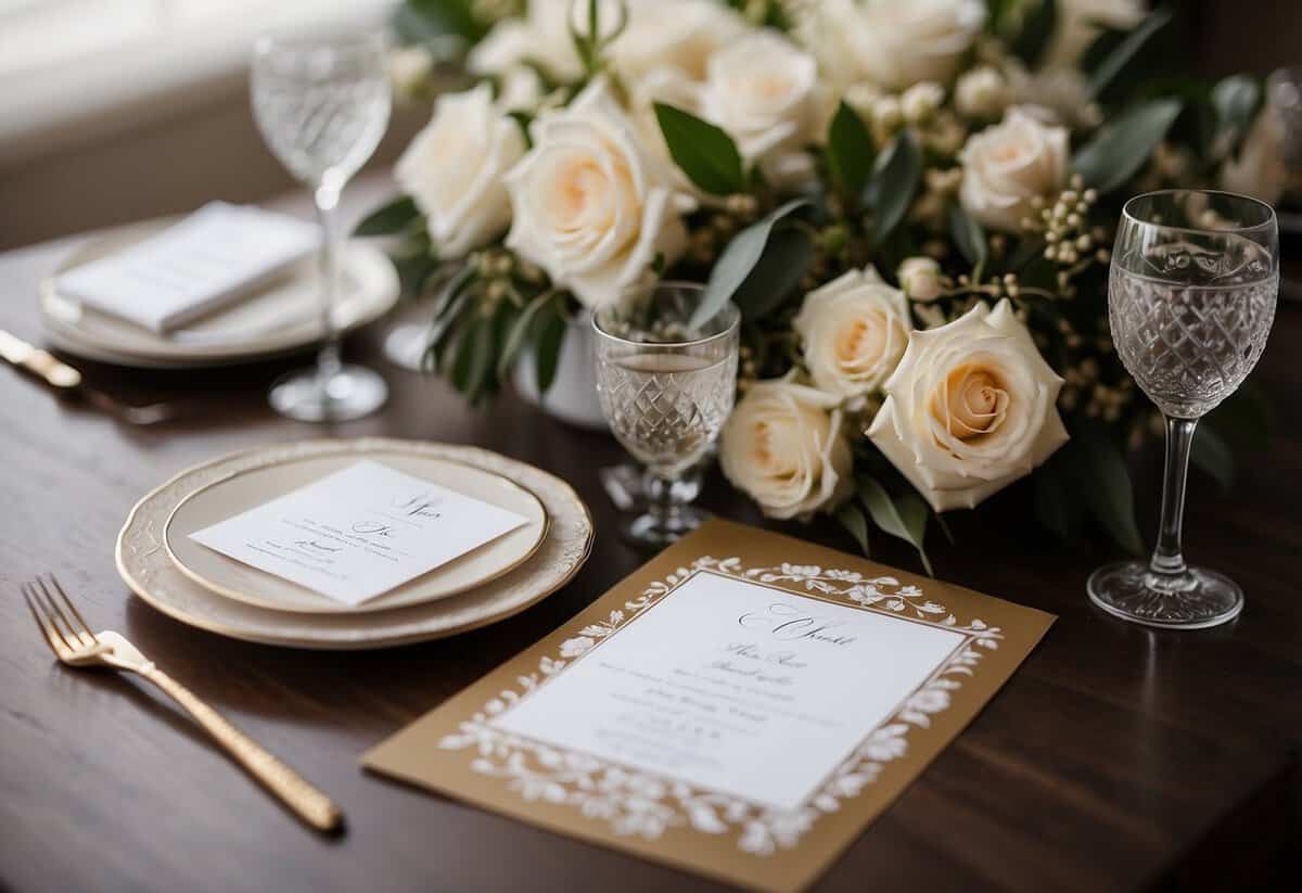 A table with elegant wedding invitations and RSVP cards, surrounded by floral arrangements and calligraphy pens