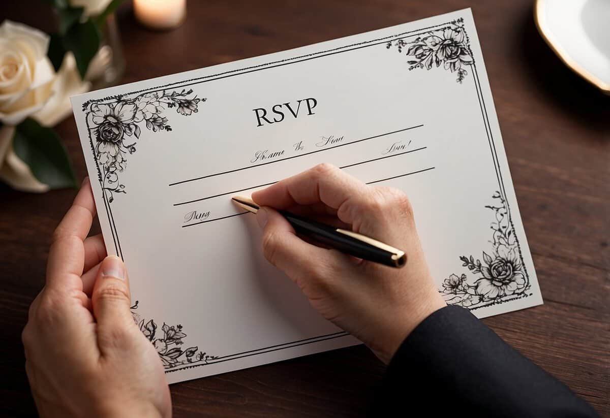 A hand holding a pen, writing on an elegant RSVP wedding card with a decorative border and space for guests to fill in their names and response