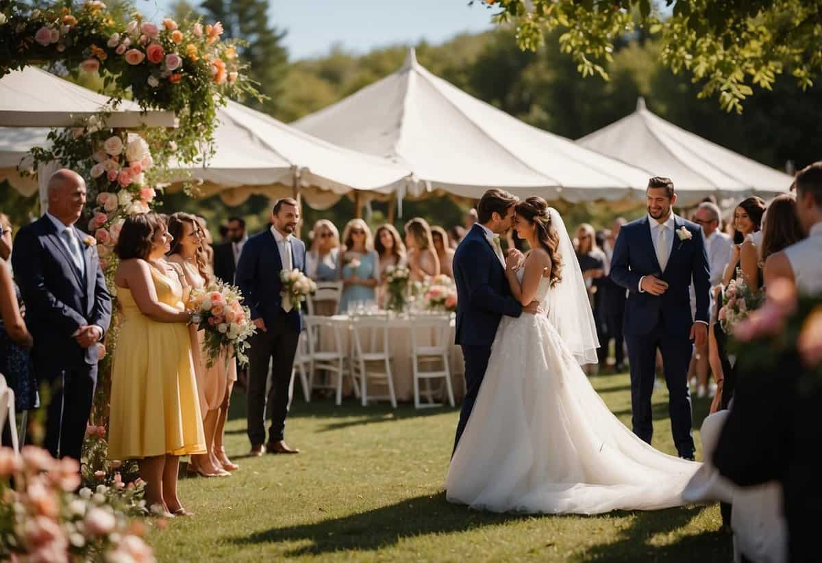A sunny outdoor wedding with colorful flowers, flowing fabric, and a romantic gazebo. Guests mingle under twinkling lights while the bride and groom exchange vows