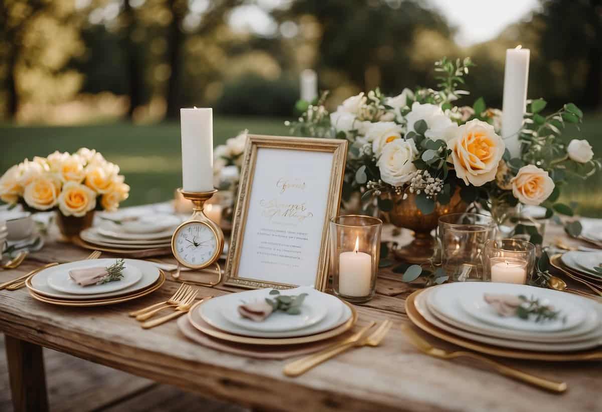 A table with various wedding decor items, including personalized fans and a sign reading "Summer Wedding Tips."