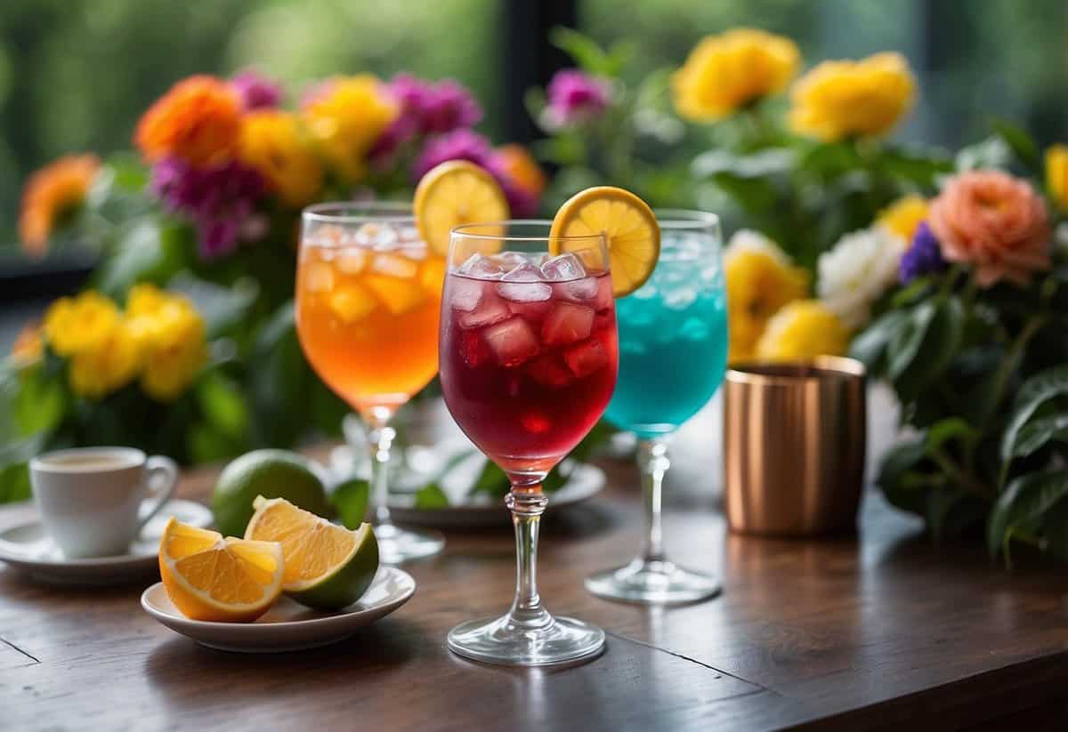 A table adorned with colorful iced beverages and elegant glassware, set against a backdrop of lush greenery and blooming flowers