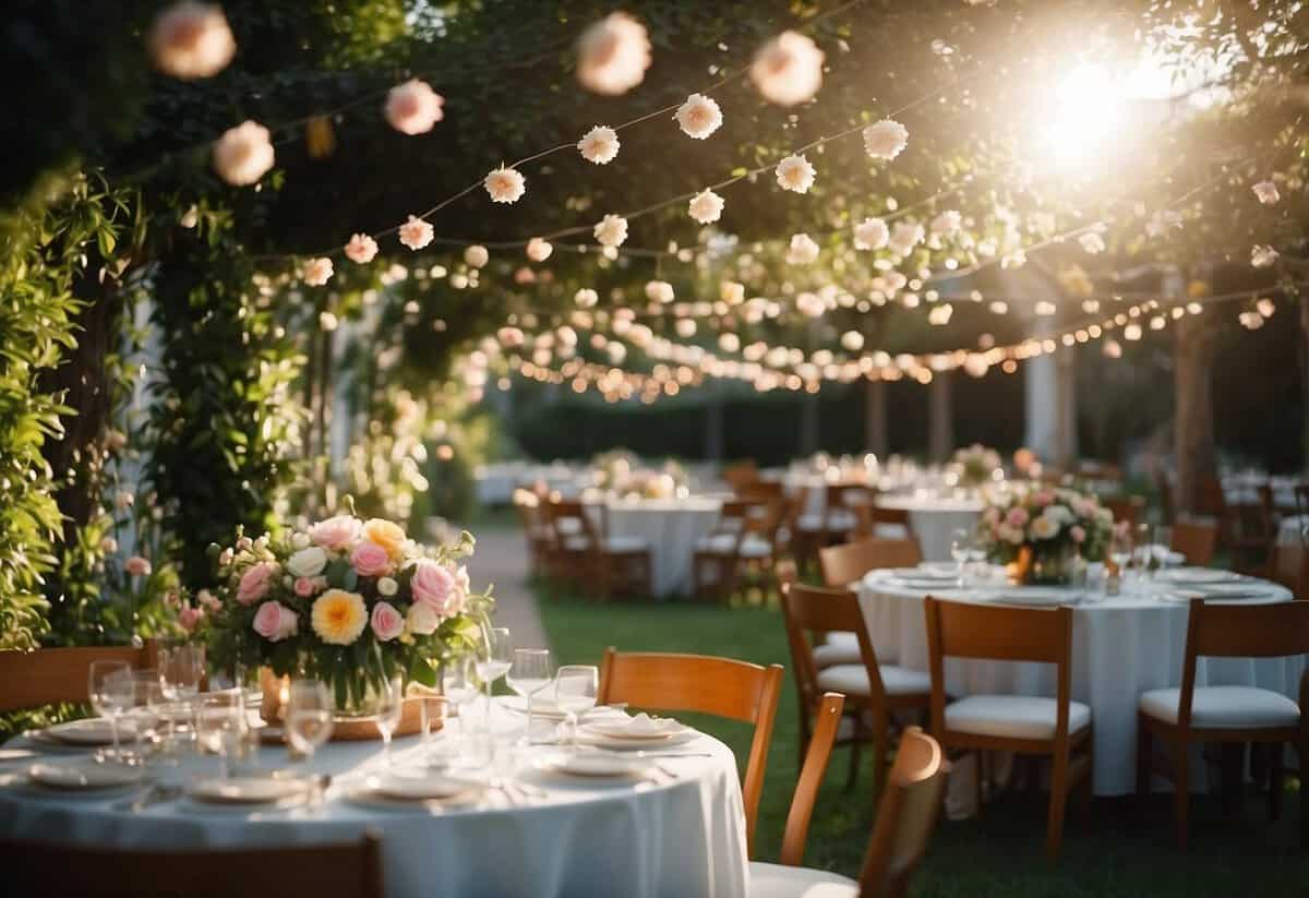 A lush garden bursting with vibrant summer blooms, filled with tables adorned with delicate floral centerpieces and twinkling fairy lights, creating a romantic ambiance for a dreamy summer wedding