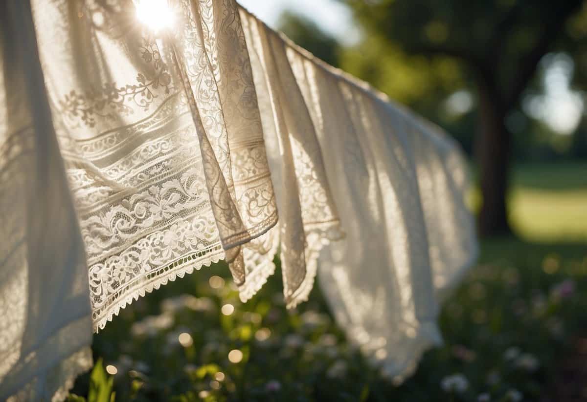 A sunlit garden with flowing white fabrics, delicate lace, and soft pastel colors. A gentle breeze rustles the fabric, creating a sense of lightness and elegance