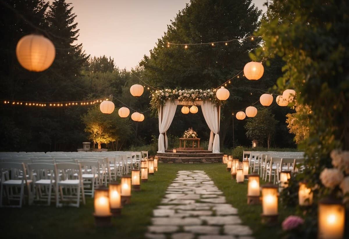 A tranquil sunset over a garden, with lanterns aglow and a draped altar. A gentle breeze cools the air, as guests gather for a summer wedding ceremony