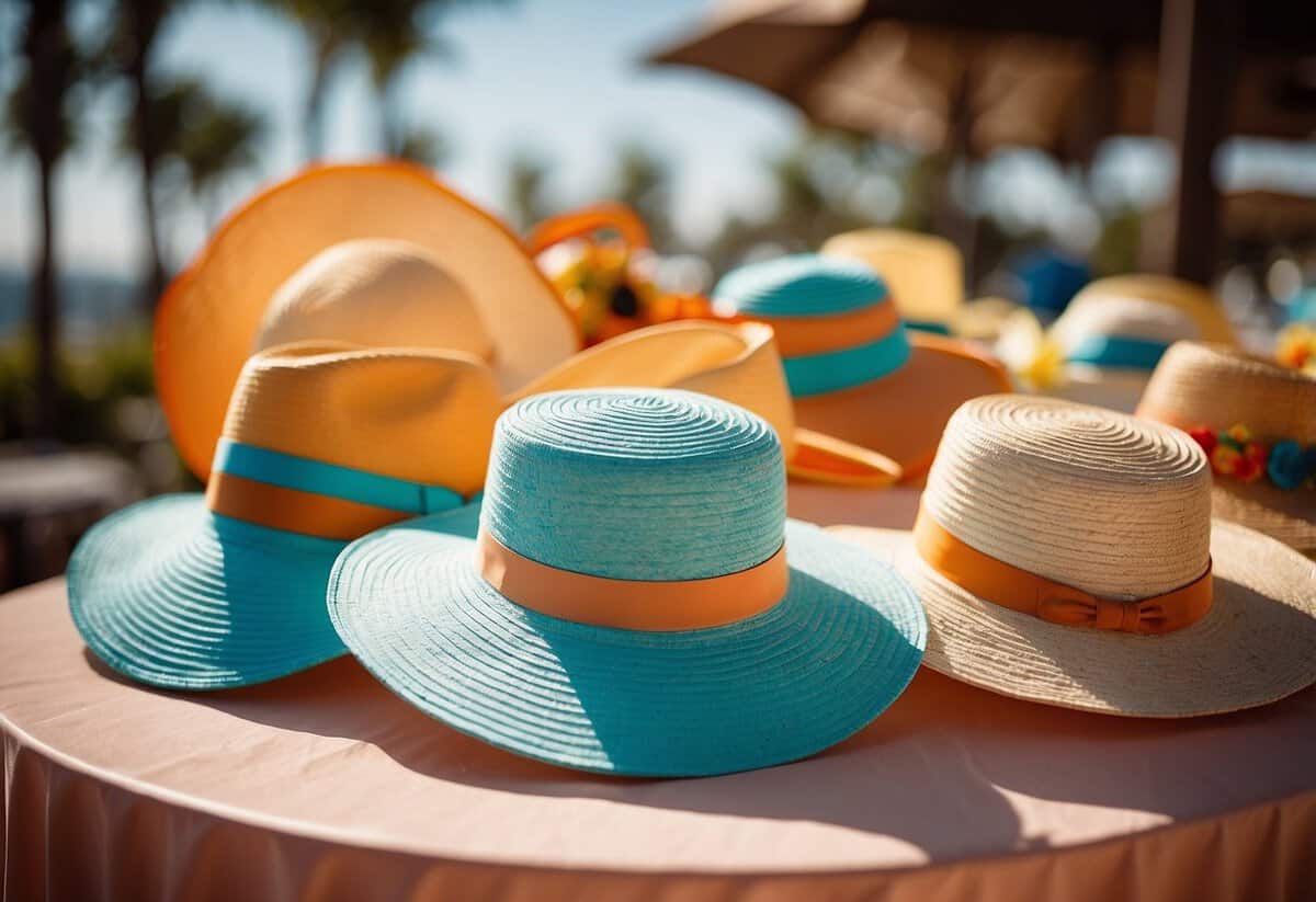 A colorful SPF station with sunscreen, hats, and fans for a summer wedding