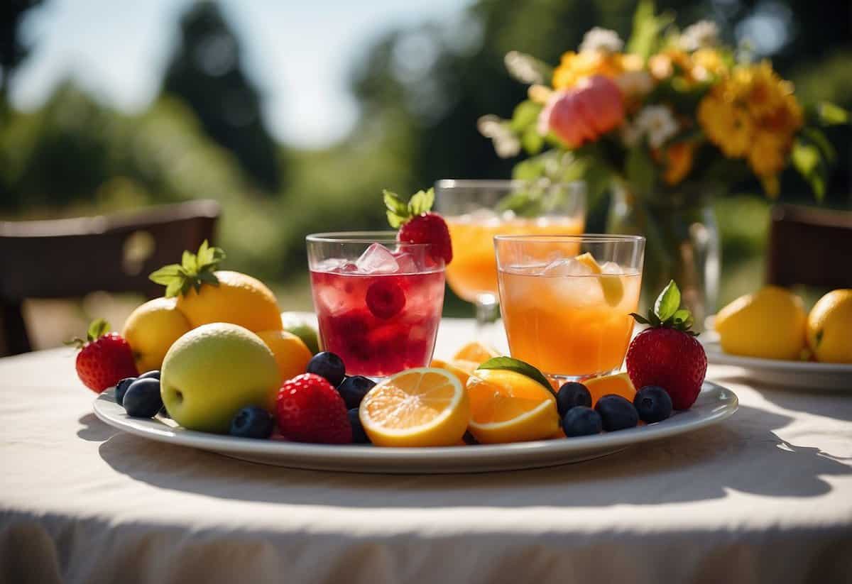 A table adorned with ripe summer fruits and colorful cocktails, set against a backdrop of a sunny outdoor wedding reception