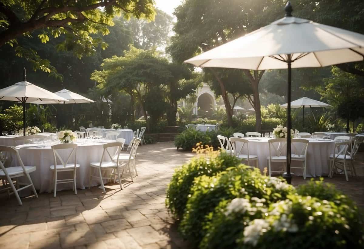 A serene garden with misting stations, surrounded by lush greenery. Tables and chairs are set up for guests to relax and cool down during a summer wedding