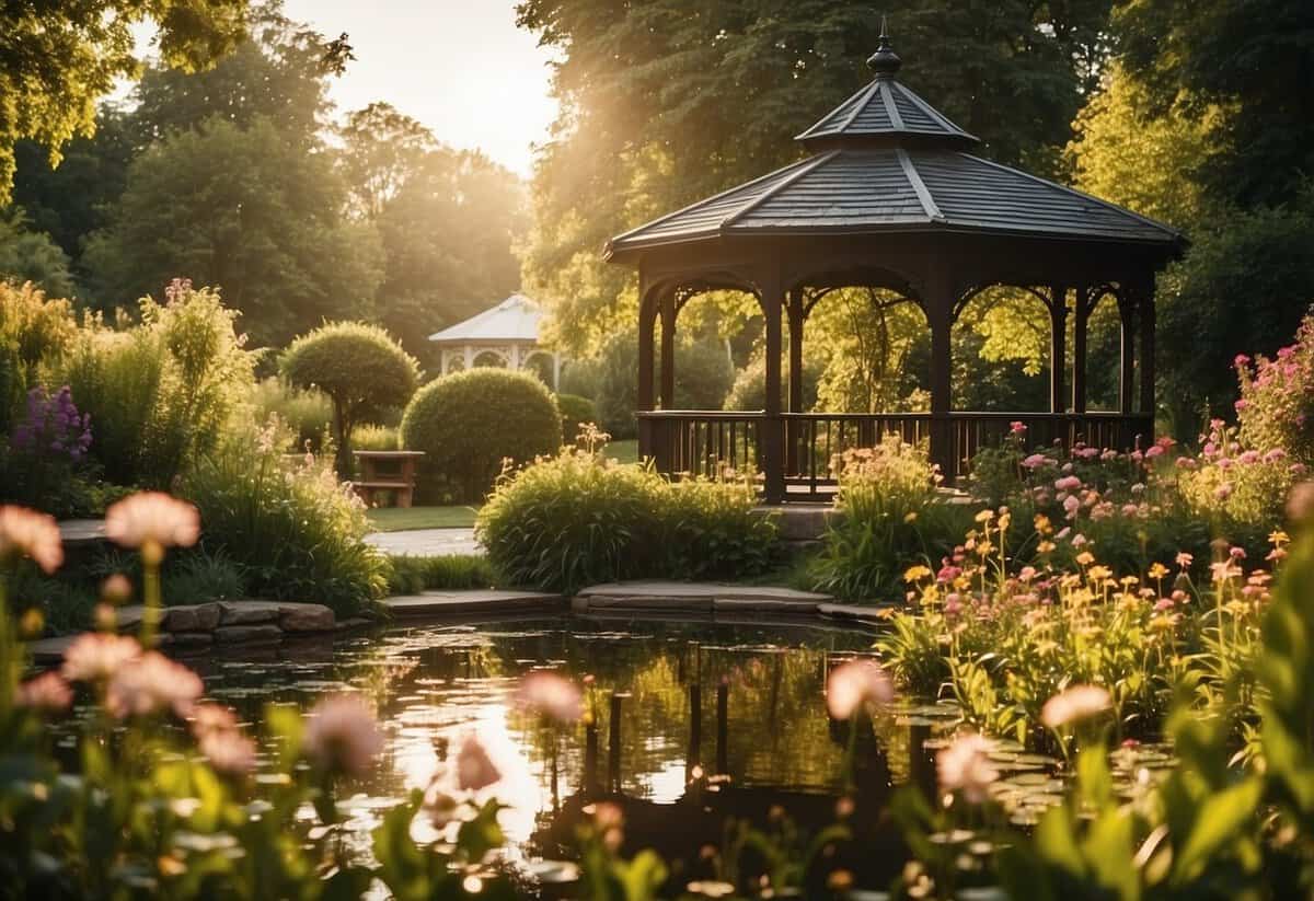 A lush garden with a gazebo, surrounded by blooming flowers and a sparkling pond, bathed in golden sunlight