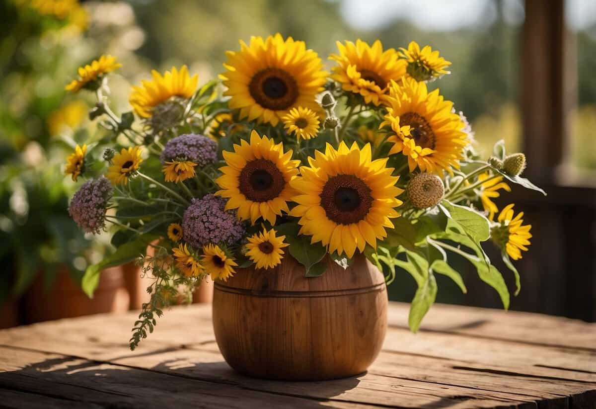 A vibrant array of sunflowers, daisies, and wildflowers arranged in a rustic wooden vase, set against a backdrop of lush greenery and warm sunlight