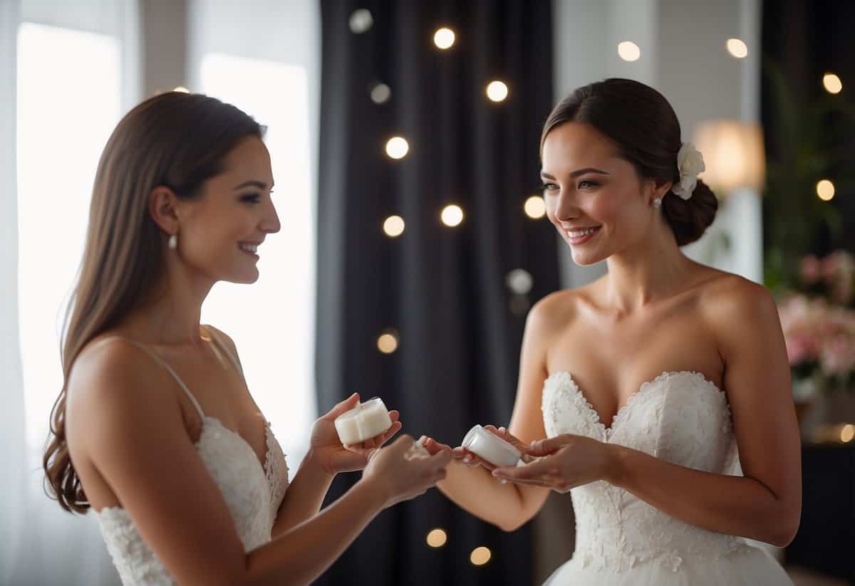 A bride-to-be applies moisturizer to her skin, preparing for her upcoming wedding. She carefully massages the lotion into her arms and legs, ensuring her skin is smooth and hydrated for the big day