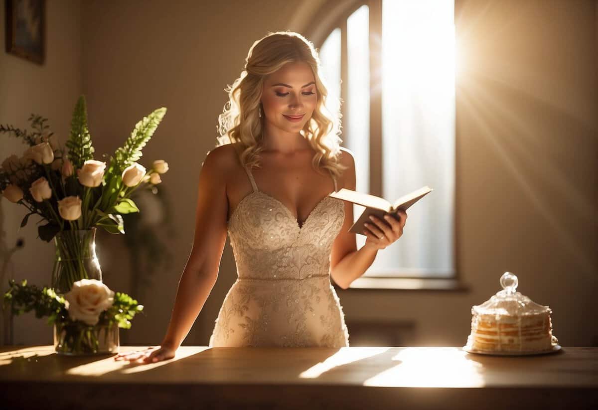 A bride stands in a sunlit room, reading "Trial Tan wedding tanning tips" on a table. A soft glow illuminates the tips, creating a warm and inviting atmosphere