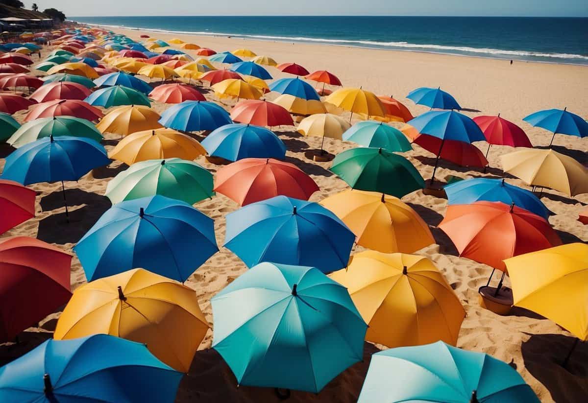 A sunny beach with a row of colorful umbrellas, a clear blue sky, and a sparkling ocean in the background