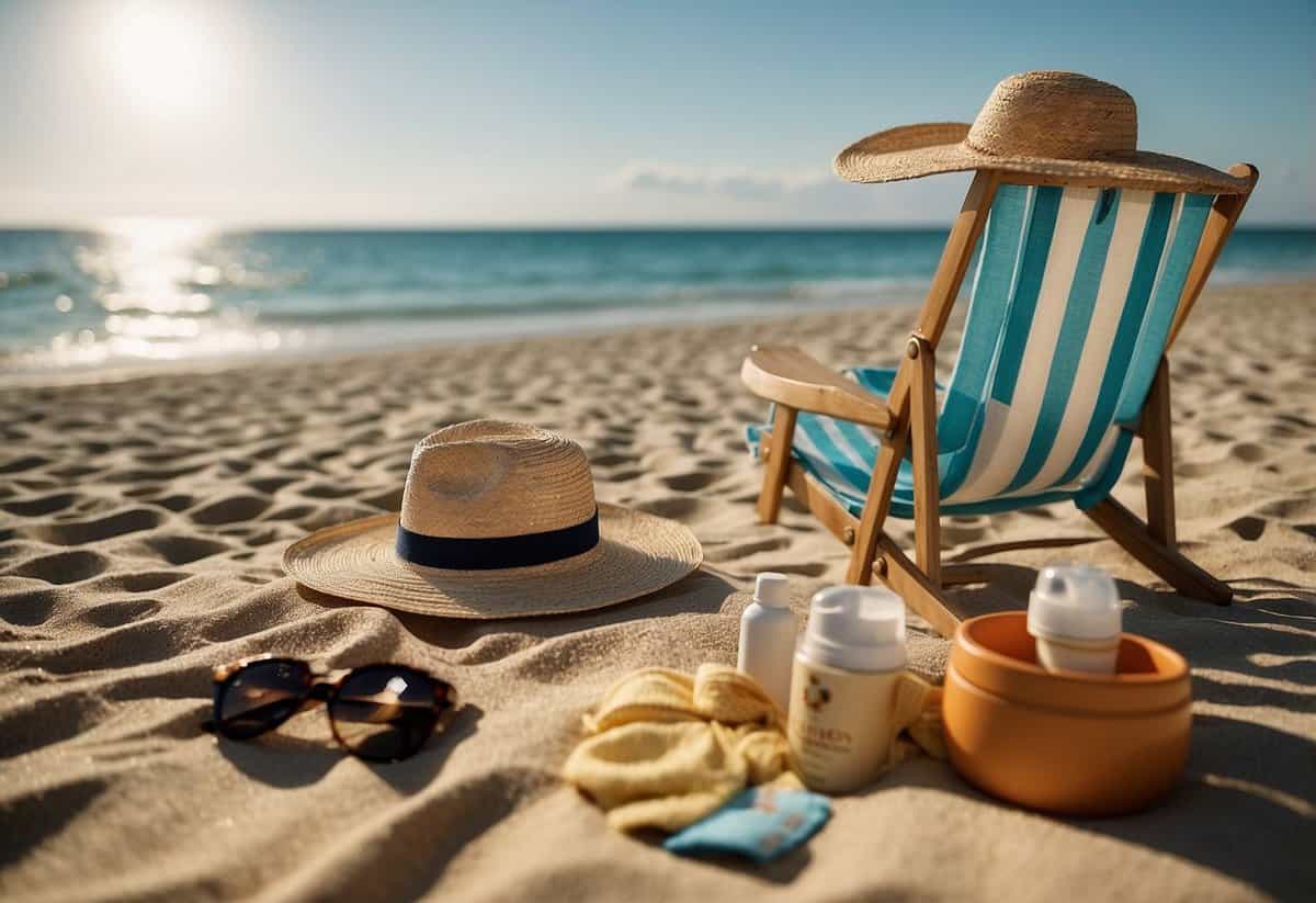 A sunny beach with a lounge chair, a straw hat, and loose clothing draped over the chair. Sunscreen and a tanning lotion bottle nearby