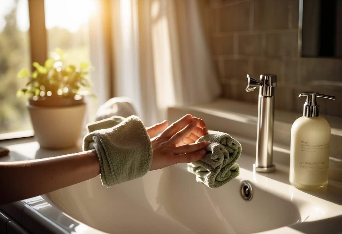 A woman's hand reaches for exfoliating scrub on a bathroom counter, next to a bottle of moisturizer and a soft towel. Sunlight streams through the window, casting a warm glow on the scene