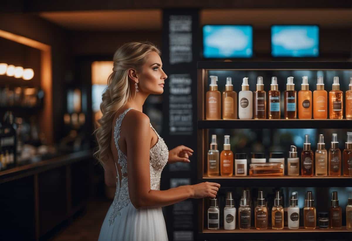 A bride stands before a selection of tanning methods, weighing her options. Spray tan, tanning bed, or self-tanner? She contemplates, surrounded by bottles and machines