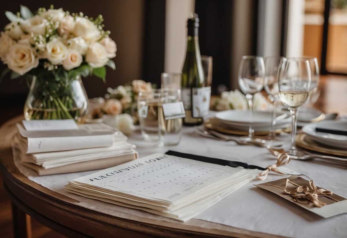A table set with wedding magazines, checklists, and a calendar marked with the wedding date. A bridal gown and tuxedo swatch samples laid out for consideration