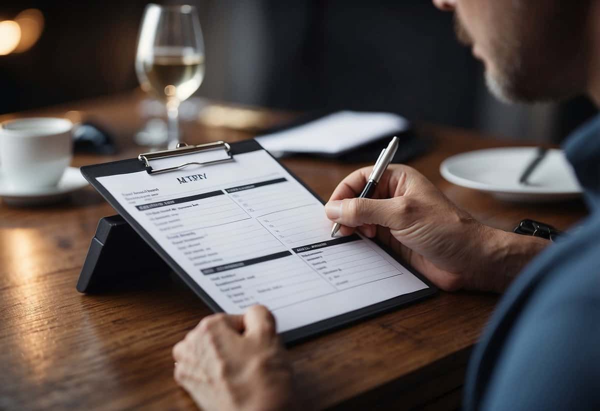 A person checking a list of vendor details on a clipboard with a calendar in the background, making notes and confirming arrangements for a wedding