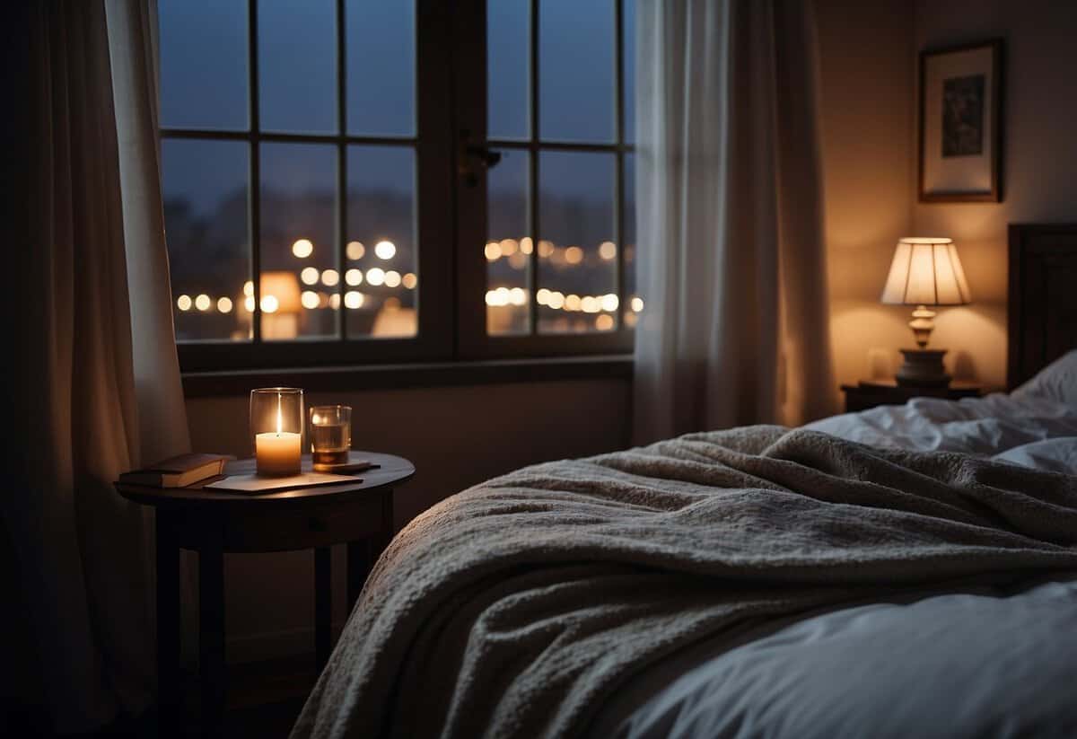 A cozy bedroom with a neatly made bed, soft pillows, and a warm, inviting atmosphere. A nightstand with a glass of water and a book, and a peaceful moon shining through the window