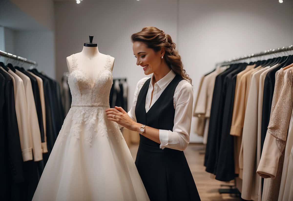 A person picks up wedding attire from a boutique. The shop is filled with elegant dresses and suits. The tailor hands over the finished garments with a smile