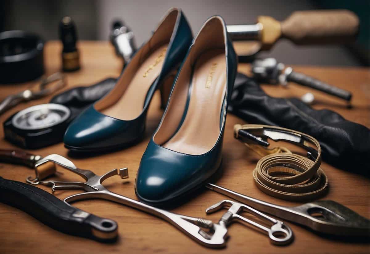 A pair of wedding shoes being stretched and worn in, surrounded by various tools and materials for shoe maintenance