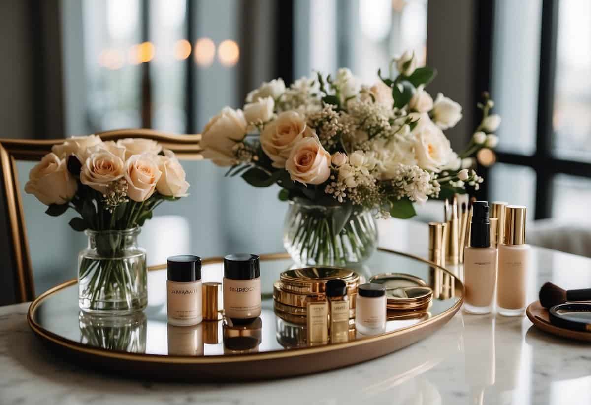 A table with skincare products, makeup brushes, and a bouquet of flowers. A mirror reflects the items. A wedding dress hangs in the background