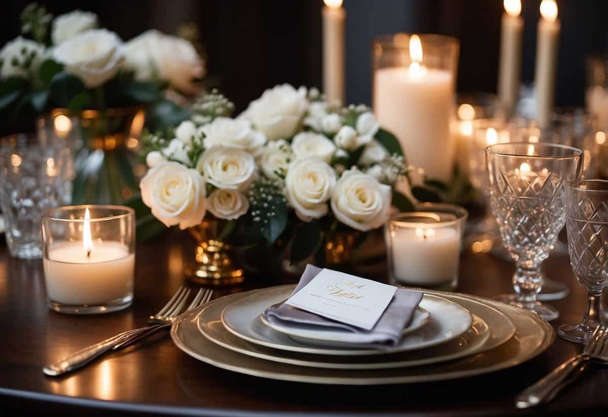 A table set with wedding tips cards, flowers, and candles