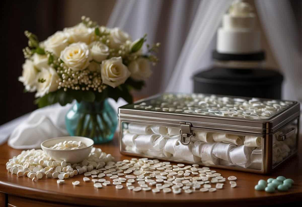 A table displays a wedding day emergency kit: safety pins, tissues, mints, and bandaids. A bride's veil and bouquet sit nearby
