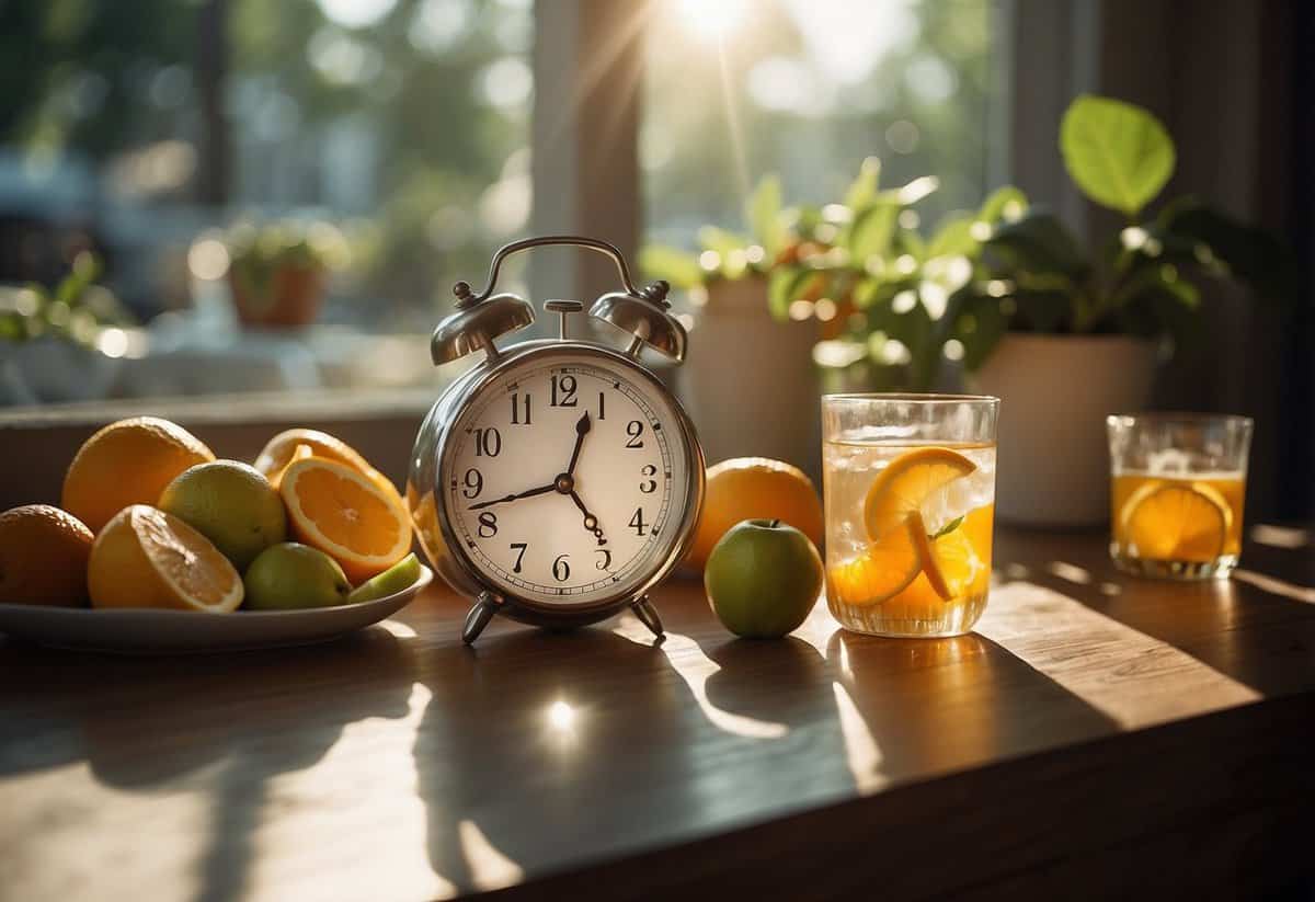 A table with a pitcher of water, glasses, and fresh fruits. A clock shows different times of the day. Sunlight streams through a window