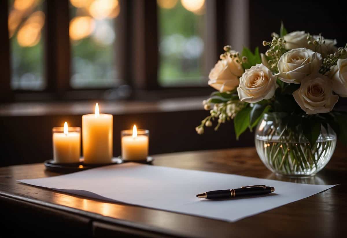 A table with two pens and a sheet of paper, surrounded by soft candlelight and fresh flowers, ready for writing personal vows