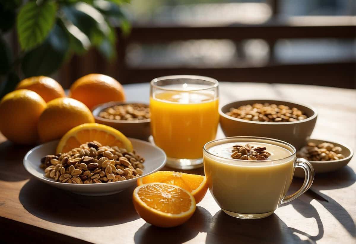 A table set with fruits, yogurt, and granola. A glass of orange juice and a cup of coffee. Sunlight streaming through the window