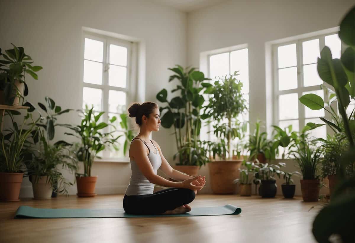 A person stretches on a yoga mat in a bright, airy room, surrounded by plants and natural light, preparing for their wedding day