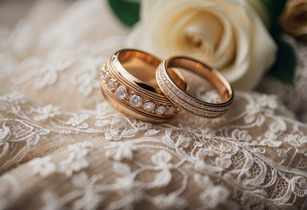 A bride and groom's intertwined rings on a lace pillow