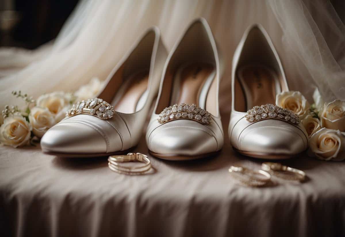 A pair of cozy shoes placed next to a wedding dress and accessories, with a sign reading "Extra Comfortable Shoes Day of Wedding Tips."
