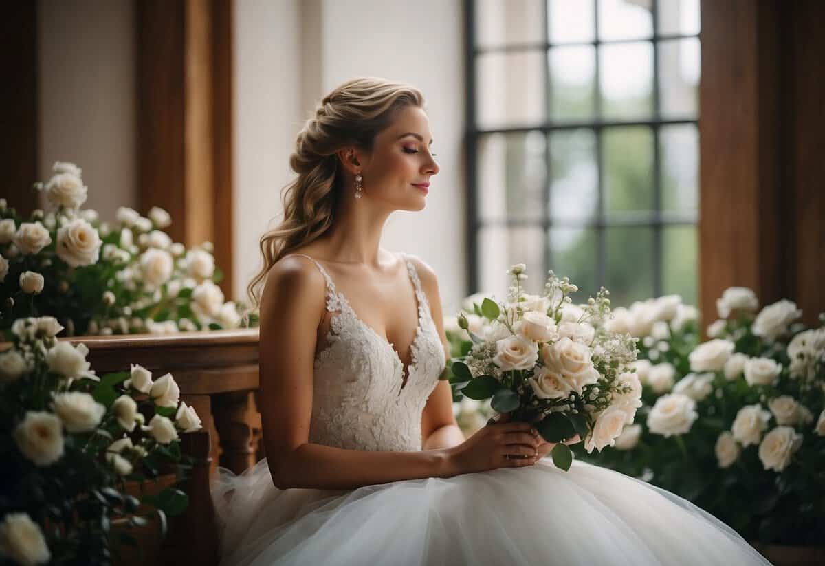 A serene bride sits alone, eyes closed, surrounded by soft light and delicate flowers, taking a moment of calm before the wedding day chaos
