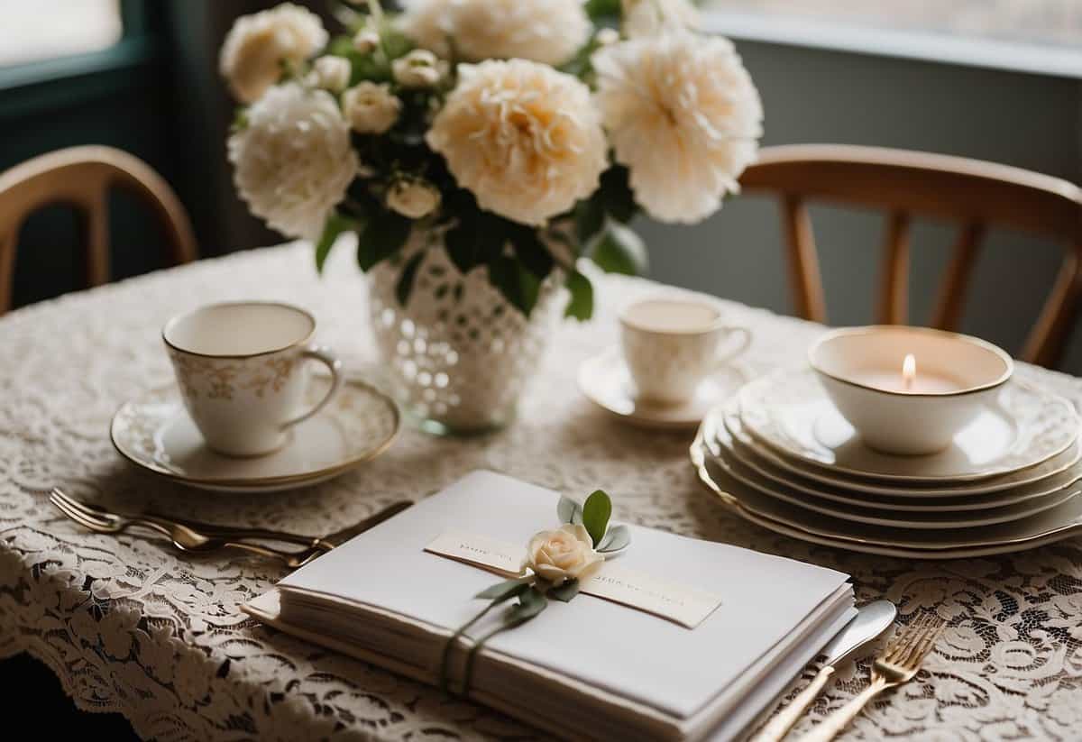 A table set with a delicate lace tablecloth, adorned with elegant place settings and a floral centerpiece. A stack of wedding magazines and a notebook with "Big Day Tips" written on it sit nearby