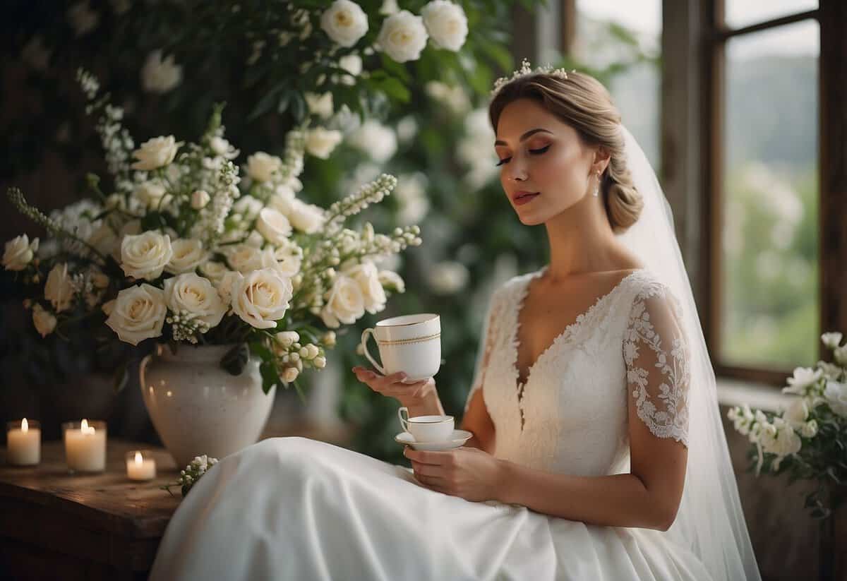 A serene bride sits with a peaceful expression, surrounded by flowers and calming decor. She sips on a cup of tea, exuding a sense of tranquility and confidence on her wedding day