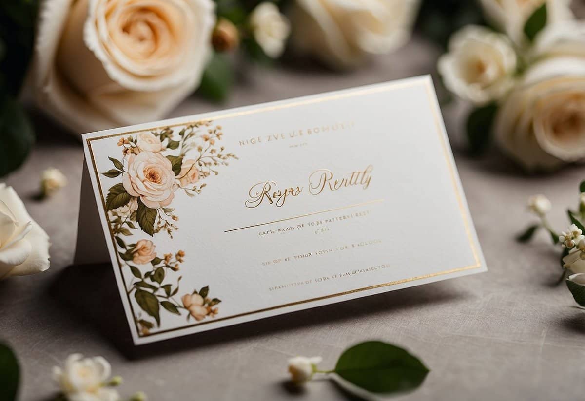 Guests receiving a wedding invitation with "RSVP Promptly" written in elegant script, surrounded by floral designs and delicate details
